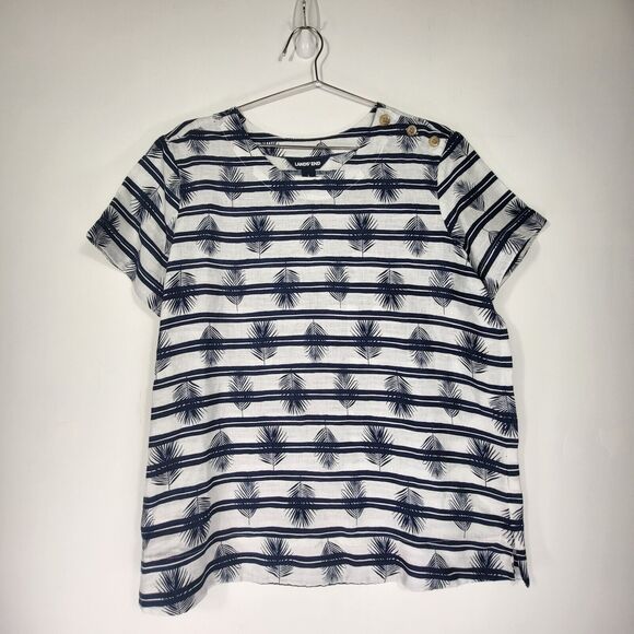 Lands' End Linen Shirt Women Large Tropical Short Sleeve Blouse Blue White Palms - Picture 2 of 8